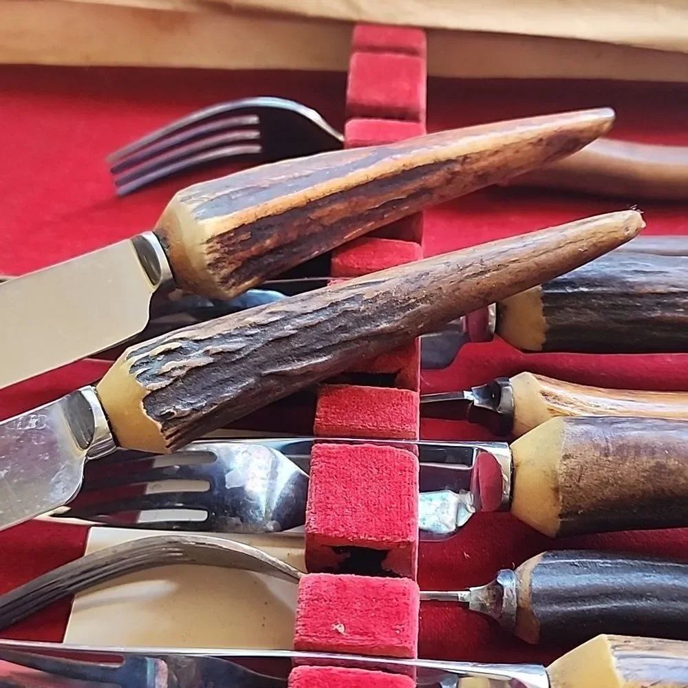 Vintage J Sanderson & Son Faux Stag Horn/Antler Knife/Fork Set Original Case